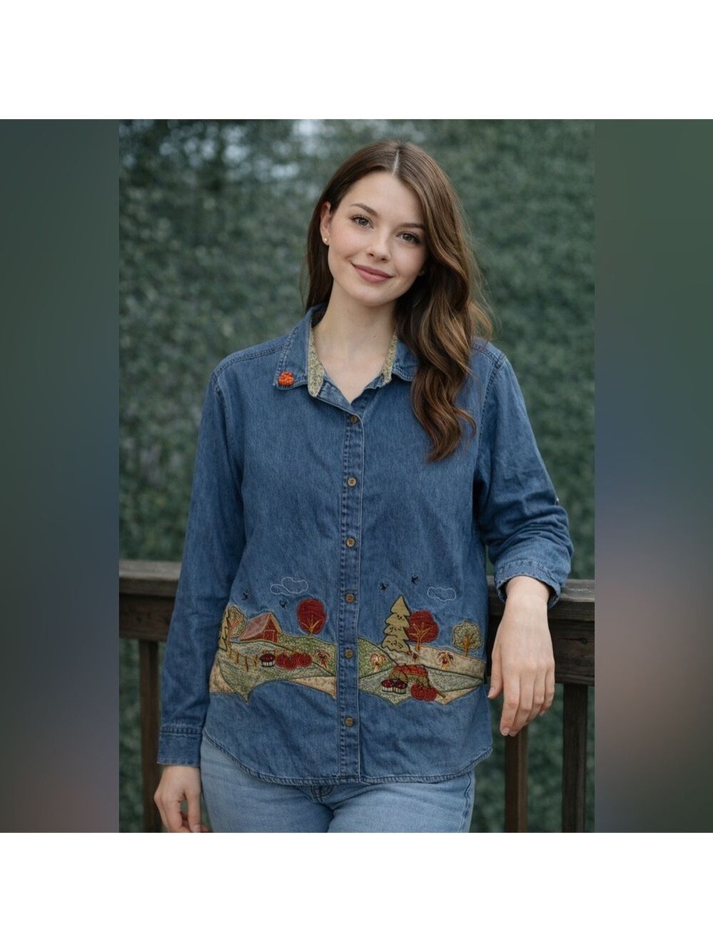 Vintage Embroidered Denim Shirt with Pumpkin Patch Farmhouse Scene granny